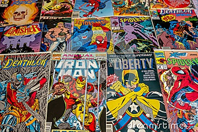 Vintage comic book collection showing comic book covers Editorial Stock Photo