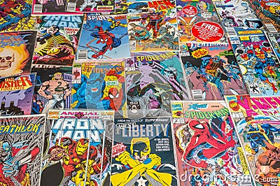 Vintage comic book collection showing comic book covers Editorial Stock Photo