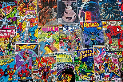 Vintage comic book collection showing comic book covers Editorial Stock Photo