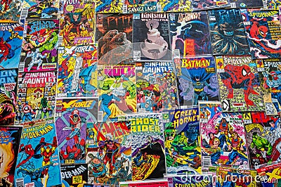 Vintage comic book collection showing comic book covers Editorial Stock Photo