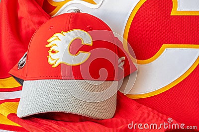 Calgary Flames NHL team baseball cap and jersey Editorial Stock Photo