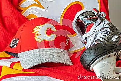 Calgary Flames NHL team baseball cap and jersey Editorial Stock Photo