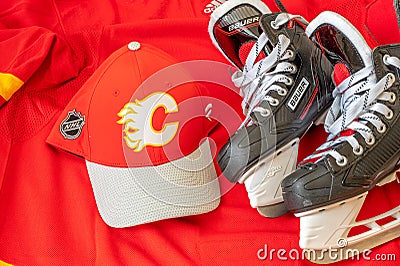 Calgary Flames NHL team baseball cap and jersey Editorial Stock Photo