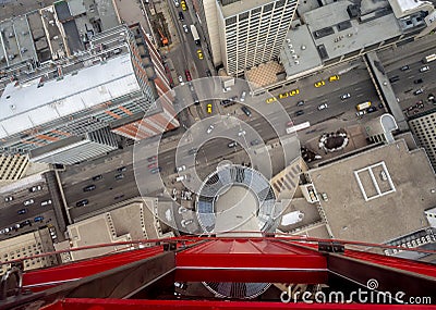 Calgary from the glass floor of the Calgary Tower Stock Photo