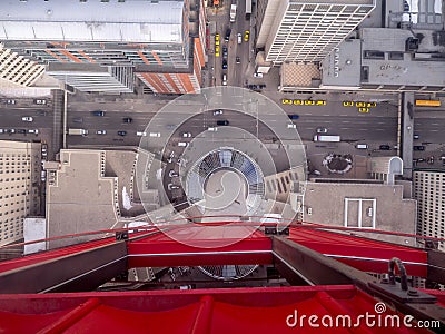 Calgary from the glass floor of the Calgary Tower Stock Photo