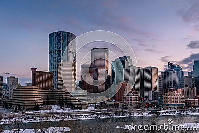 Calgary`s skyline on a winter sunset Editorial Stock Photo