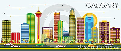 Calgary Skyline with Color Buildings and Blue Sky. Stock Photo