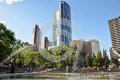 Calgary Skyline with water flowing, Alberta, Canada Editorial Stock Photo