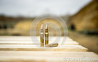 308 caliber ammunition for a rifle standing on a wooden table on the background of the shooting range Stock Photo