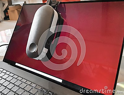 Calibration of laptop led red screen,monitor color.Computer display calibration for true accurate rgb colors Stock Photo