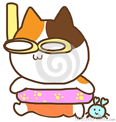 Calico cat go to dive on summer with her friend. Vector Illustration