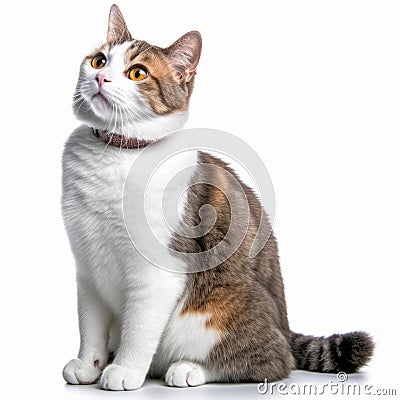 a calico cat sitting on a white background Stock Photo