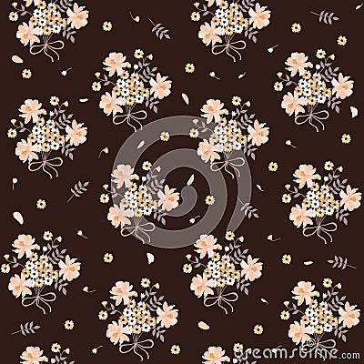 Calico print with country meadow flowers. Cute bunches, leaves, buds and petals on brown background Vector Illustration