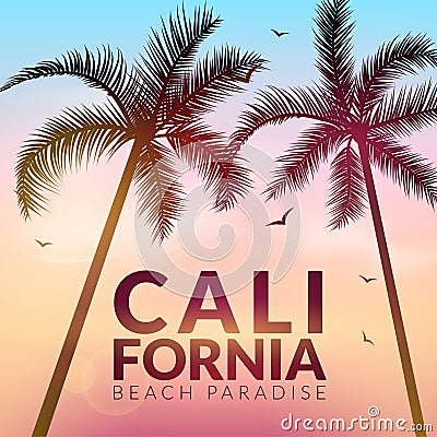 California background with palm. Vector background beach. Summer tropical banner design. Paradise poster template illustration Vector Illustration