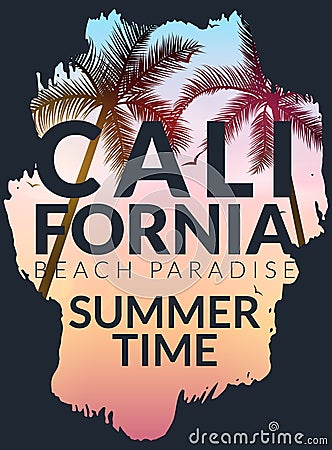 California background with palm. Vector background beach. Summer tropical banner design. Paradise poster template illustration Vector Illustration