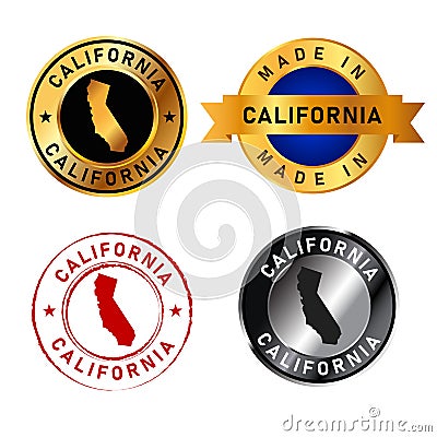 California badges gold stamp rubber band circle with map shape of country states America Vector Illustration