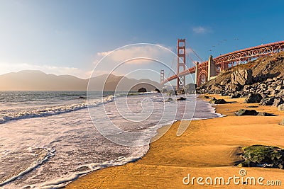 California beach and Golden Gate Bridge, San Francisco, California. Stock Photo