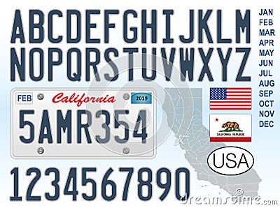 California car license plate, letters and numbers Vector Illustration