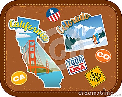 California and Colorado travel stickers with scenic attractions Vector Illustration