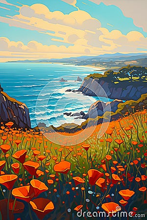 California Dreams: A Vibrant Seascape of Orange Poppies and Ocea Stock Photo