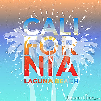 California, Laguna Beach Vector Illustration with Palms, Vintage Design Vector Illustration