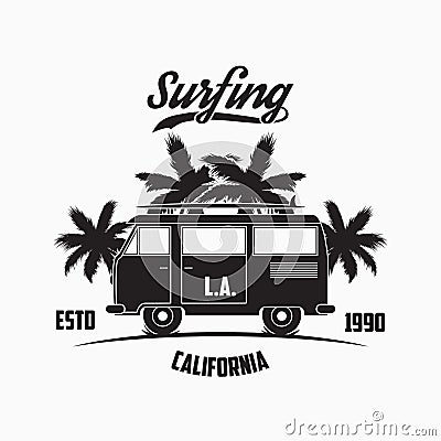 California, Los Angeles surfing typography with surf bus, palm trees and surfboard. Graphics for design clothes, t-shirt, apparel. Vector Illustration