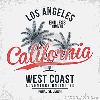 California, Los Angeles typography. T-shirt graphics with tropic palms Vector Illustration