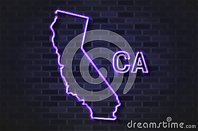 California map glowing neon lamp or glass tube on a black brick wall Vector Illustration