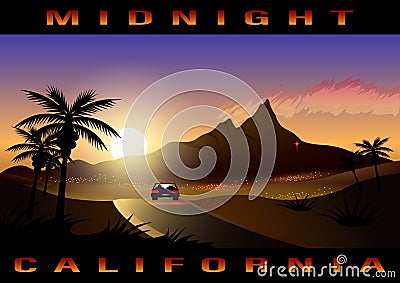 California, midnight city, tropical landscape. Vector Illustration