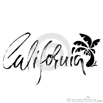 California. Modern dry brush lettering. Retro typography print. Vector handwritten inscription. Palm tree icon. USA Vector Illustration