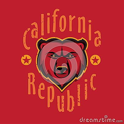 California Republic apparel t shirt fashion design, Grizzly Bear Head graphic, typographic art, ink drawing illustration. Cartoon Illustration