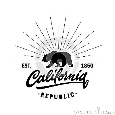 California Republic vintage hand drawn emblem bear with sunburst. Vector Illustration