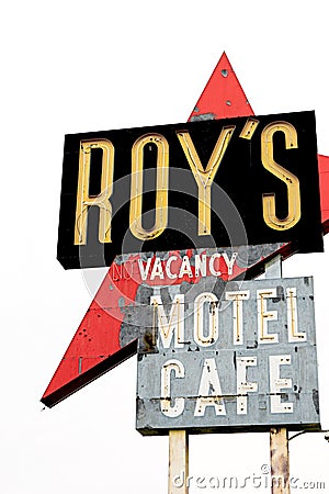 California,the Roy`s motel and cafe sign Editorial Stock Photo