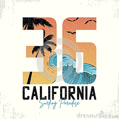 California slogan for surfing t-shirt typography with waves and palm trees. Surf number tee shirt with grunge. Vector Vector Illustration