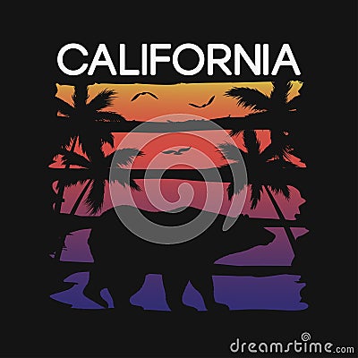 California slogan for t-shirt typography with bear and palm trees silhouettes. Graphics for tee shirt design. Vector. Vector Illustration