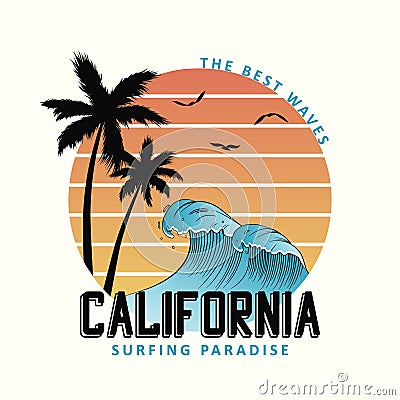 California slogan for t-shirt typography with waves and palm trees. Surf tee shirt design, surfing apparel print. Vector Vector Illustration