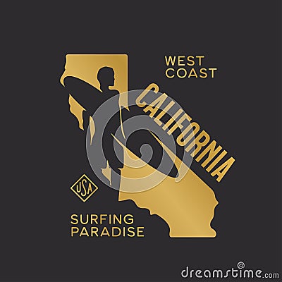 California state t-shirt design with surfer silhouette. Vector illustration. Vector Illustration