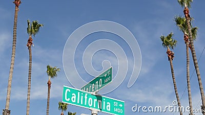 California street road sign on crossroad. Lettering on intersection signpost, symbol of summertime travel and vacations. USA Editorial Stock Photo