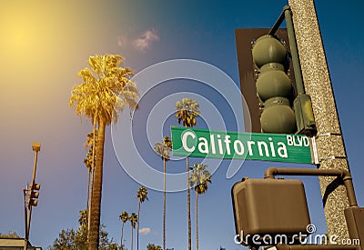 A California Street Sign on a Traffic Pole with the Red Sun Shining on Palm Trees Stock Photo
