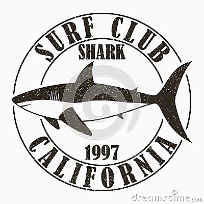 California, surfing - typography for design clothes, t-shirt. Graphic print with shark for apparel. Surf club stamp with grunge. Vector Illustration