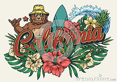 California surfing vintage colorful emblem Vector Illustration