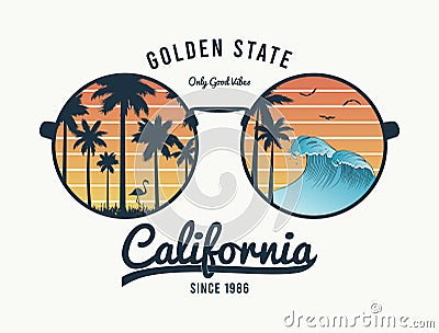 California t-shirt design with color sunglasses with palm trees silhouette, flamingo and waves. Sun glasses print for tee shirt Vector Illustration