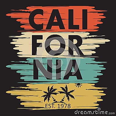 California typography for design clothes, t-shirts. Palm, sun. Vector Illustration