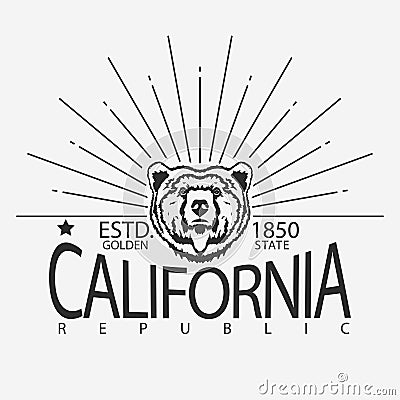 California typography print, grizzly Bear t-shirt. vector Vector Illustration