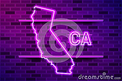 California US state glowing purple neon lamp sign Vector Illustration