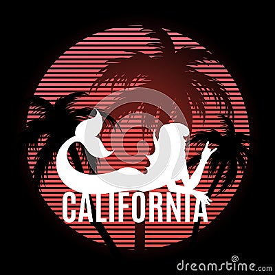 California. Vector hand drawn trendy illustration with silhouette of mermaid with palms isolated Vector Illustration