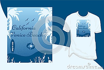 California Venich Beach Vector Vintage T- Shirt Design, Vector Art T- Shirt Design plam tree surfing boat Vector Illustration