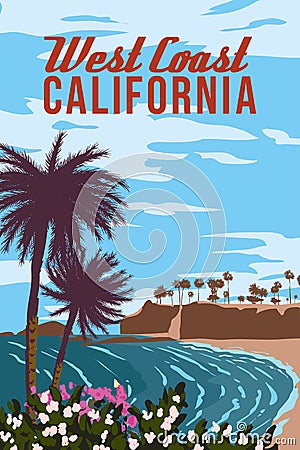 California West Coast retro travel poster, Laguna Beach Vector Illustration