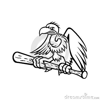 Californian Condor Clutching Perching on a Baseball Bat Mascot Black and White Vector Illustration