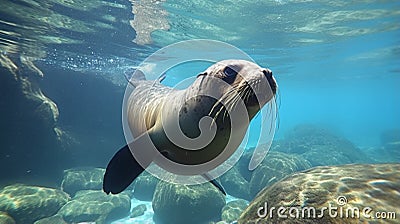 Californian sea lion (Zalophus californianus) swimming and playing in the reefs. generative ai Stock Photo